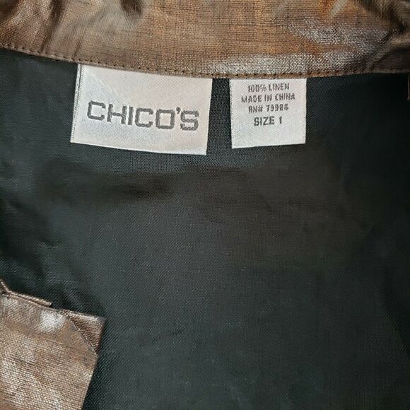 CHICOS 1 ( M ) Glossy Brown Coated Linen Casual Jacket 1/2 Sleeve FLAWS - Picture 5 of 10